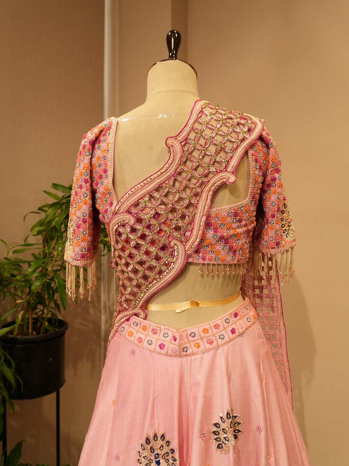 Pink sea green shaded hand painted radha krishna ji lehenga set