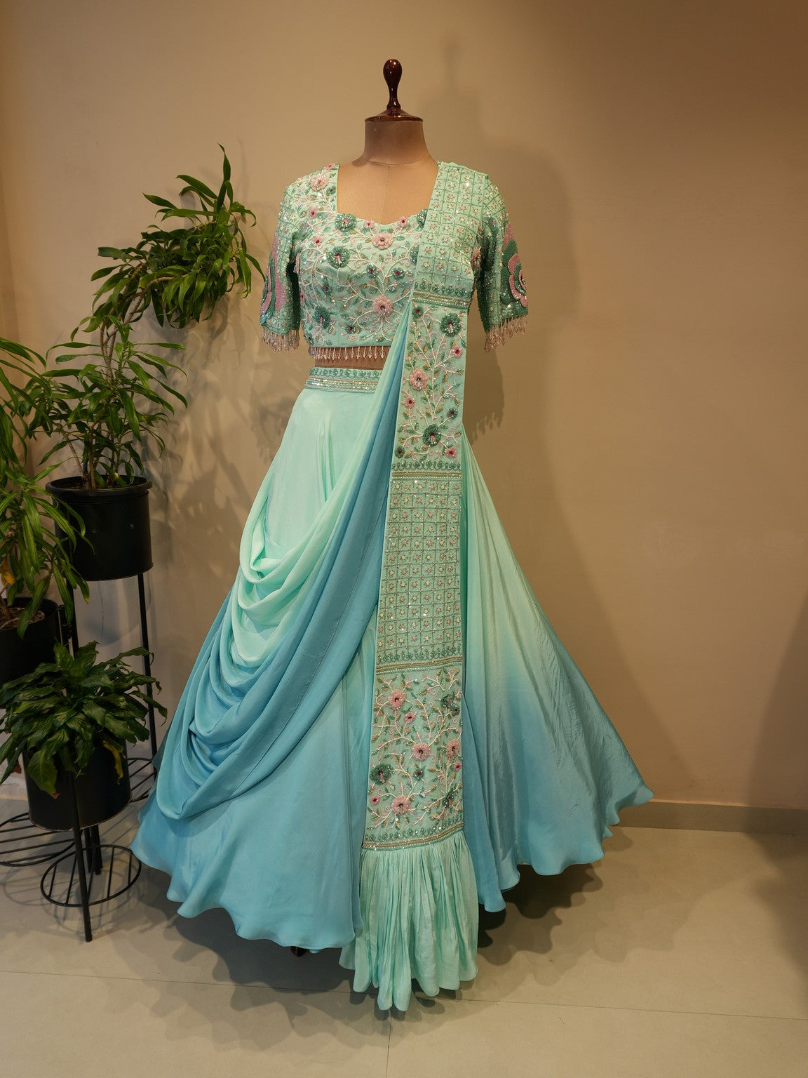 Sea green shaded 3d lehenga set