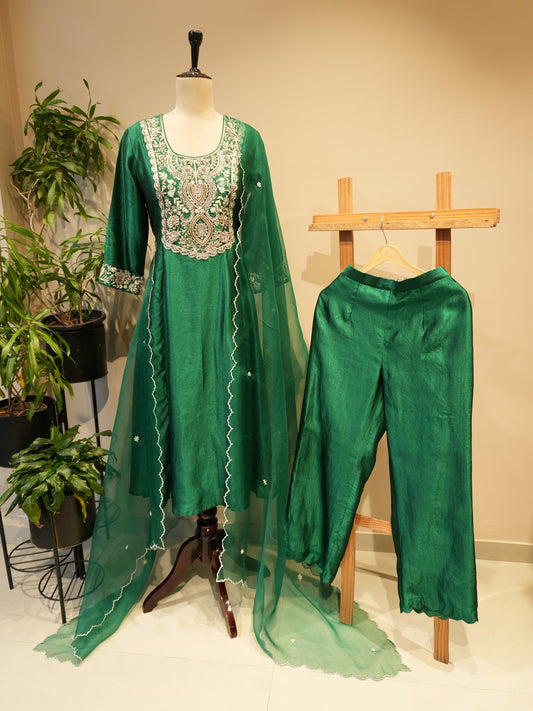 Bottle green embroidered kurta pants dupatta