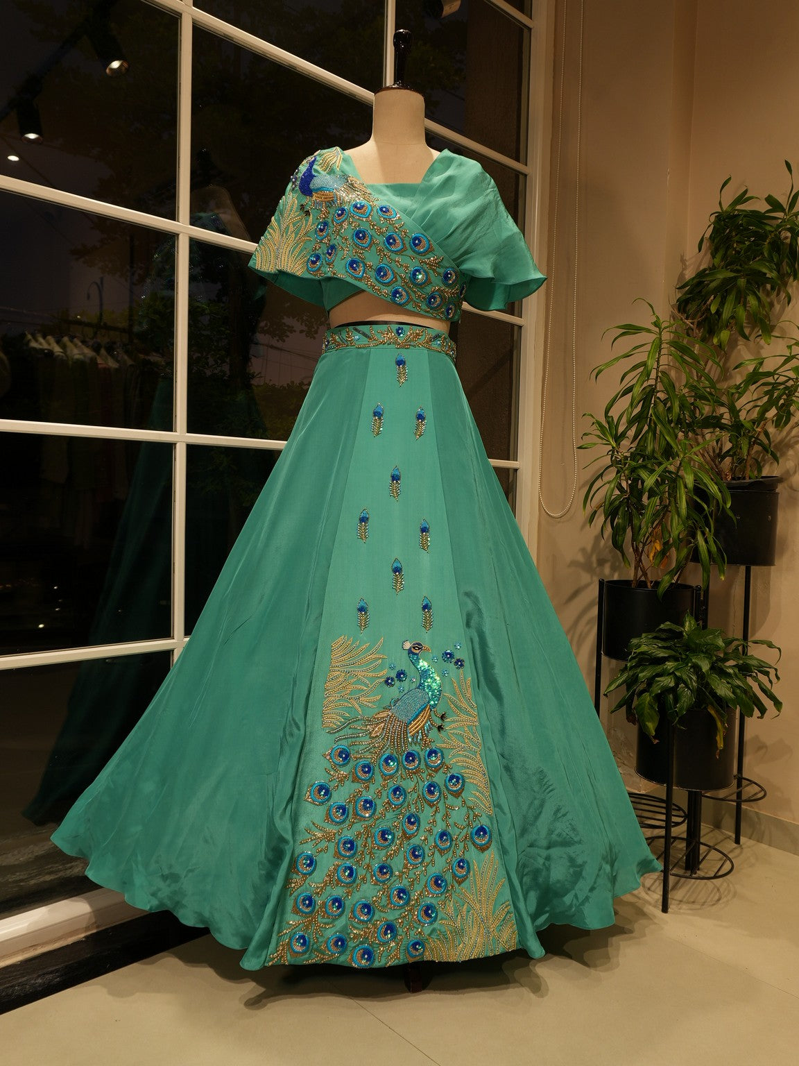 Sea green peacock cape top with skirt