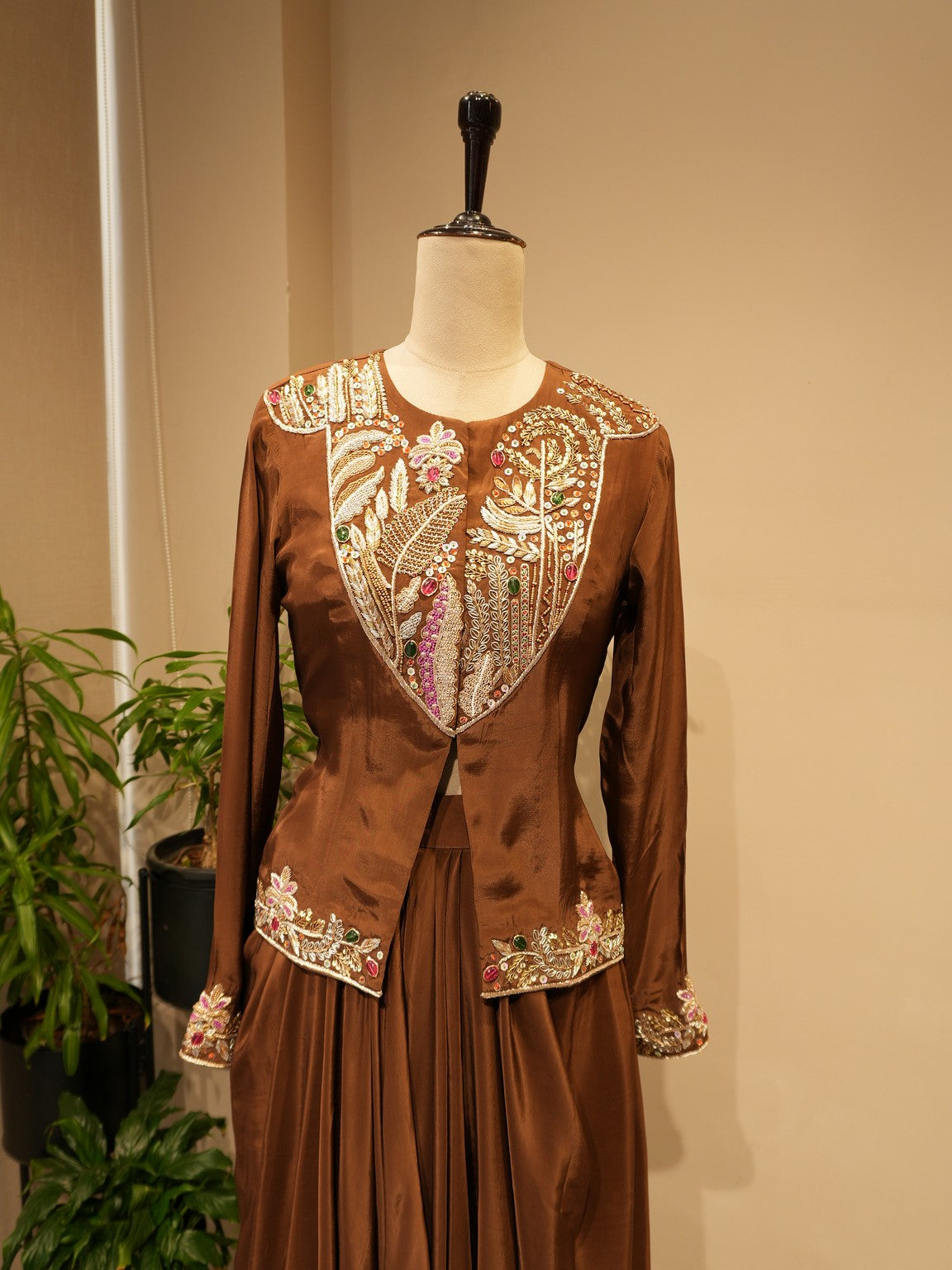 Brown zardozi peplum with drape skirt