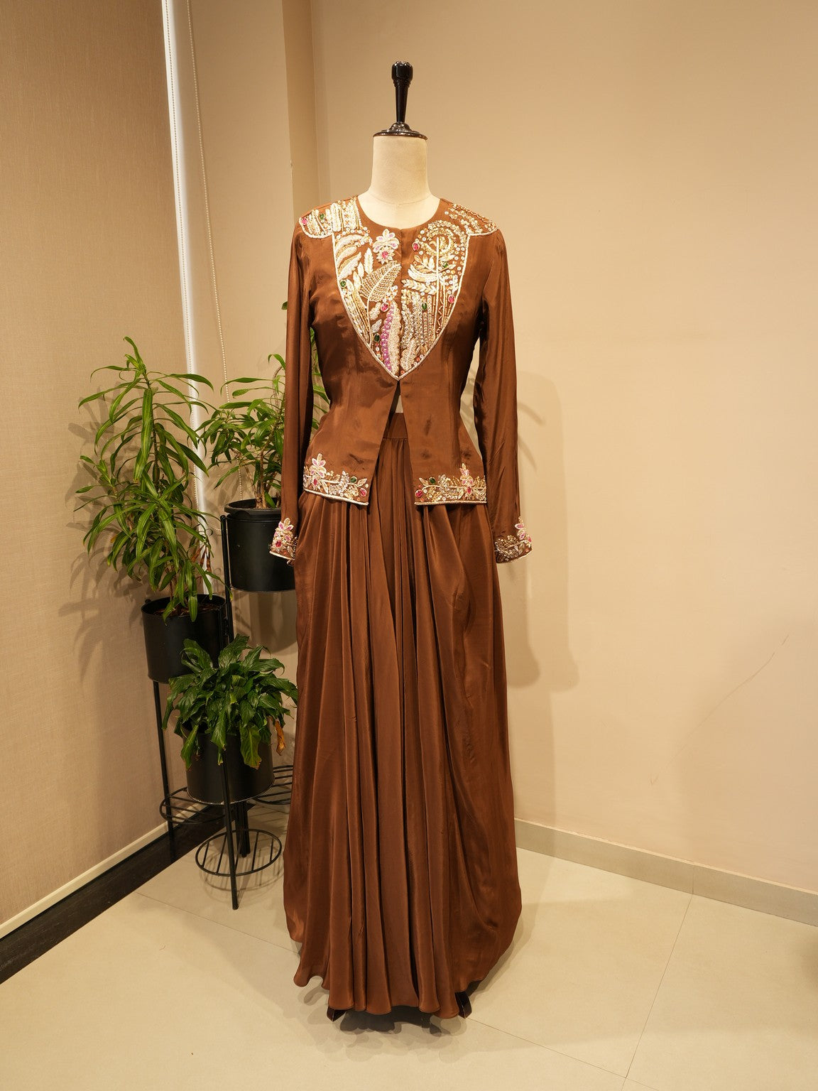 Brown zardozi peplum with drape skirt
