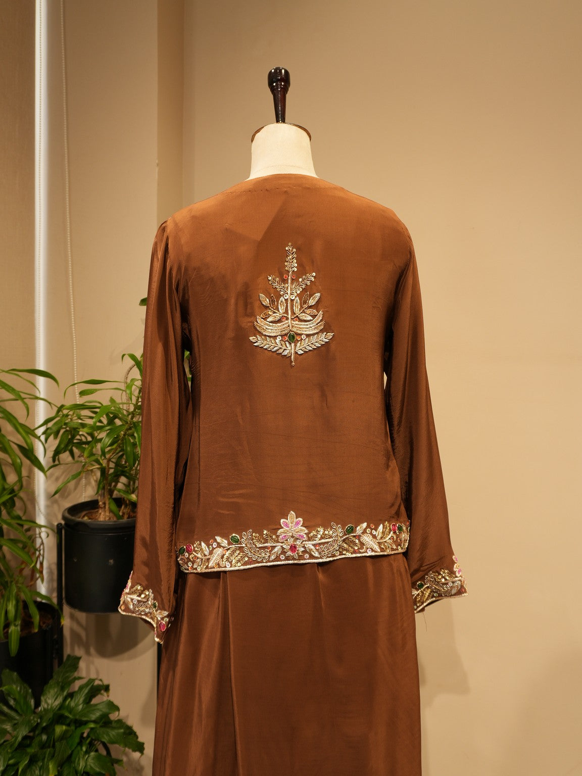 Brown zardozi peplum with drape skirt