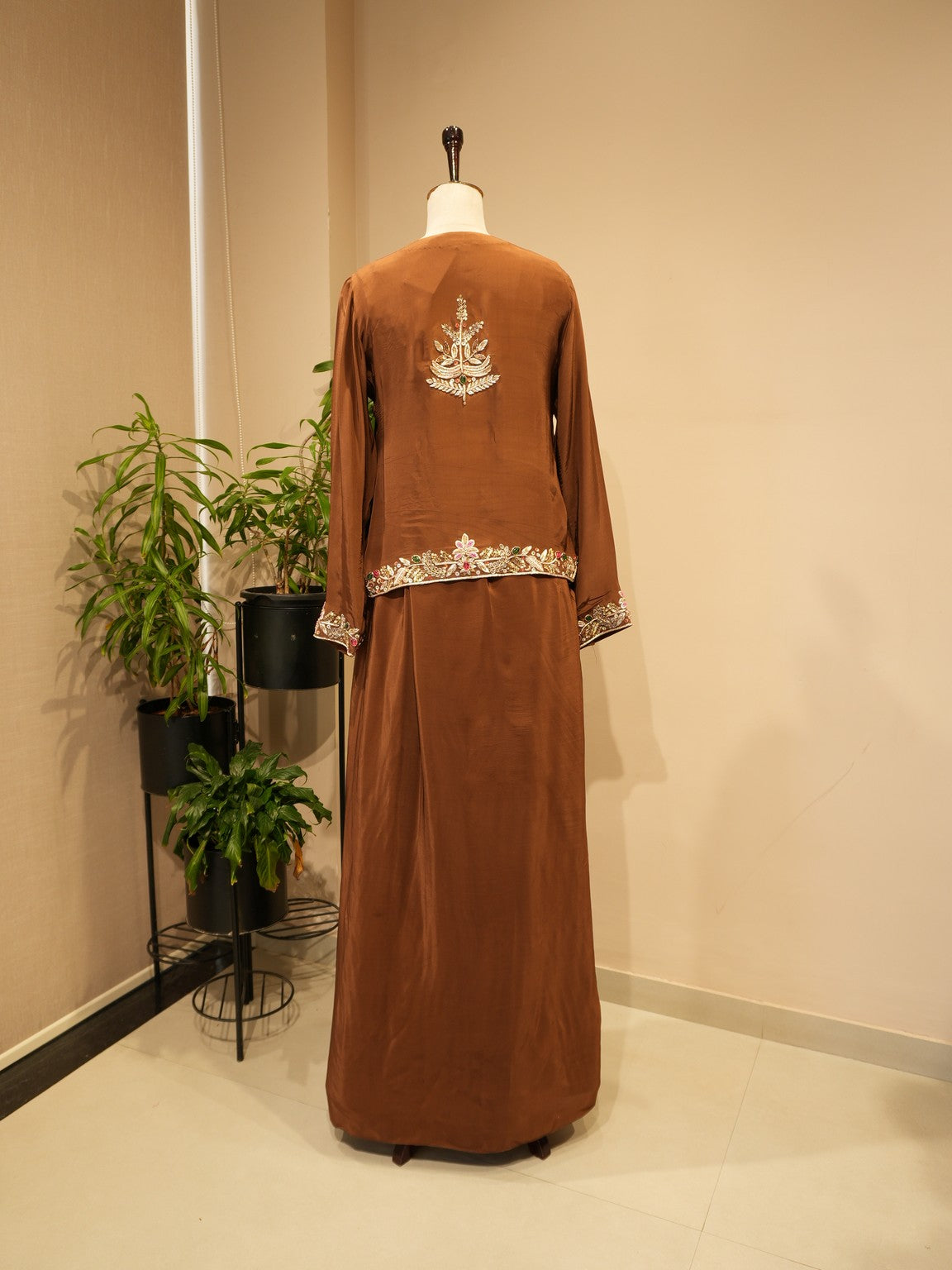 Brown zardozi peplum with drape skirt