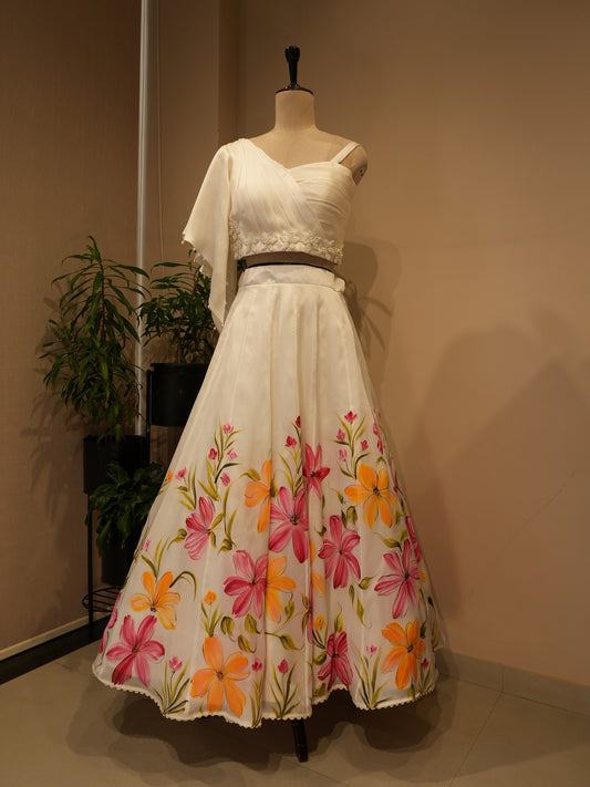 White hand painted crop top skirt