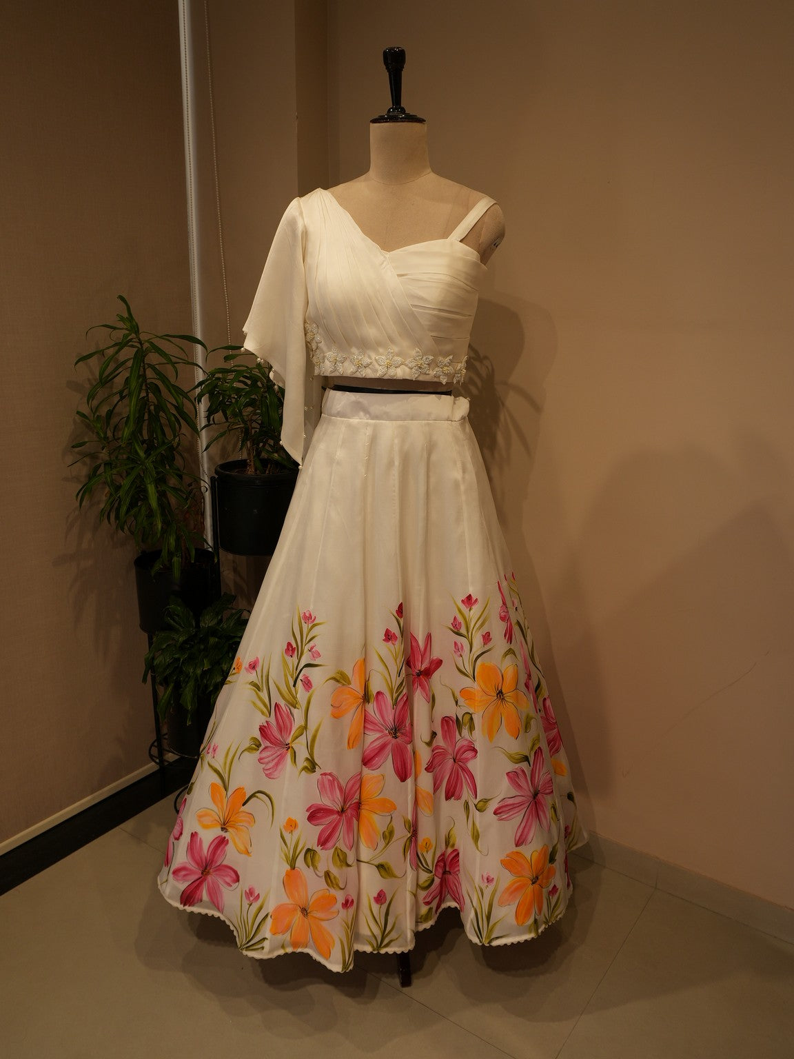 White hand painted crop top skirt