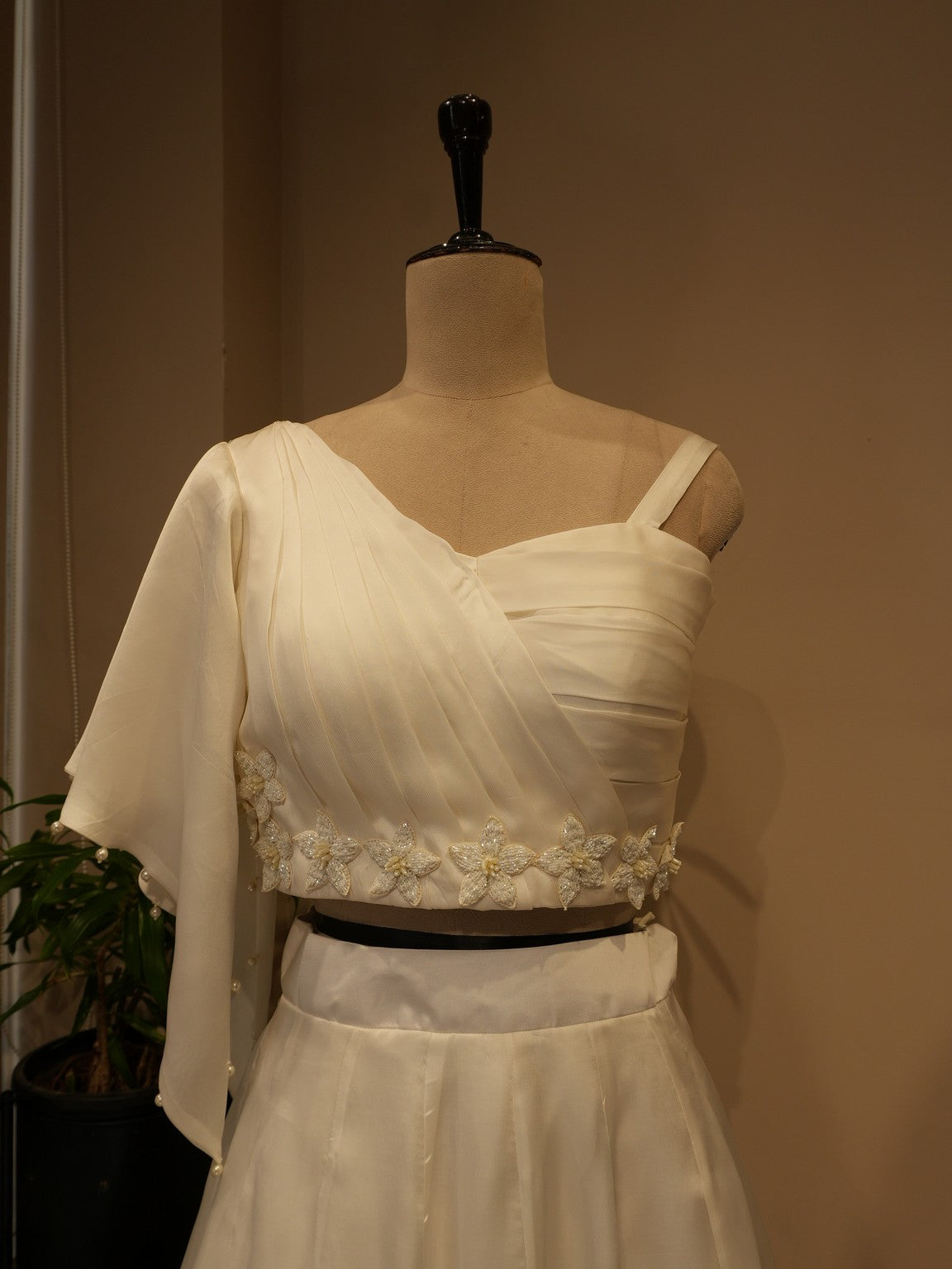 White hand painted crop top skirt
