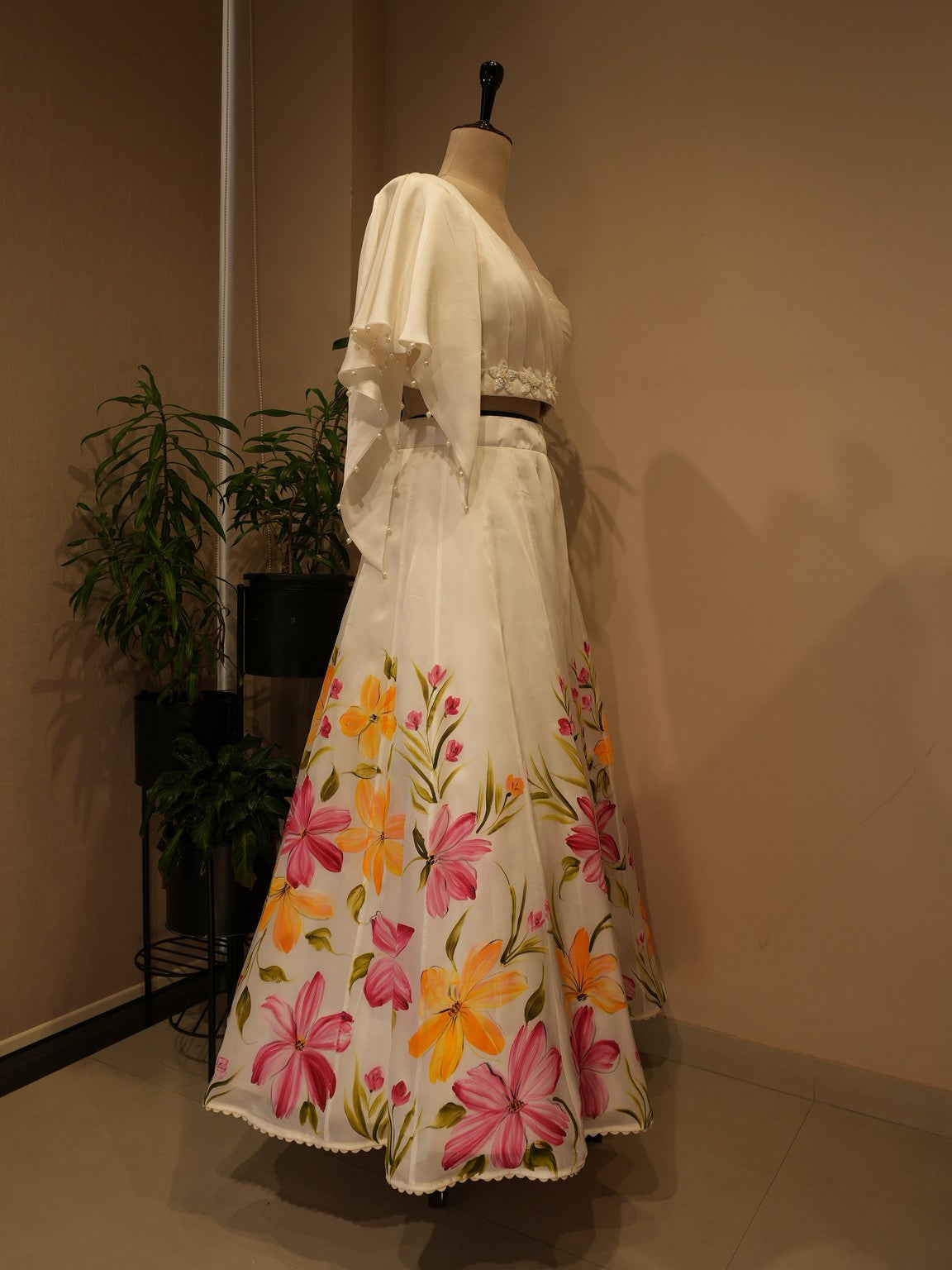 White hand painted crop top skirt