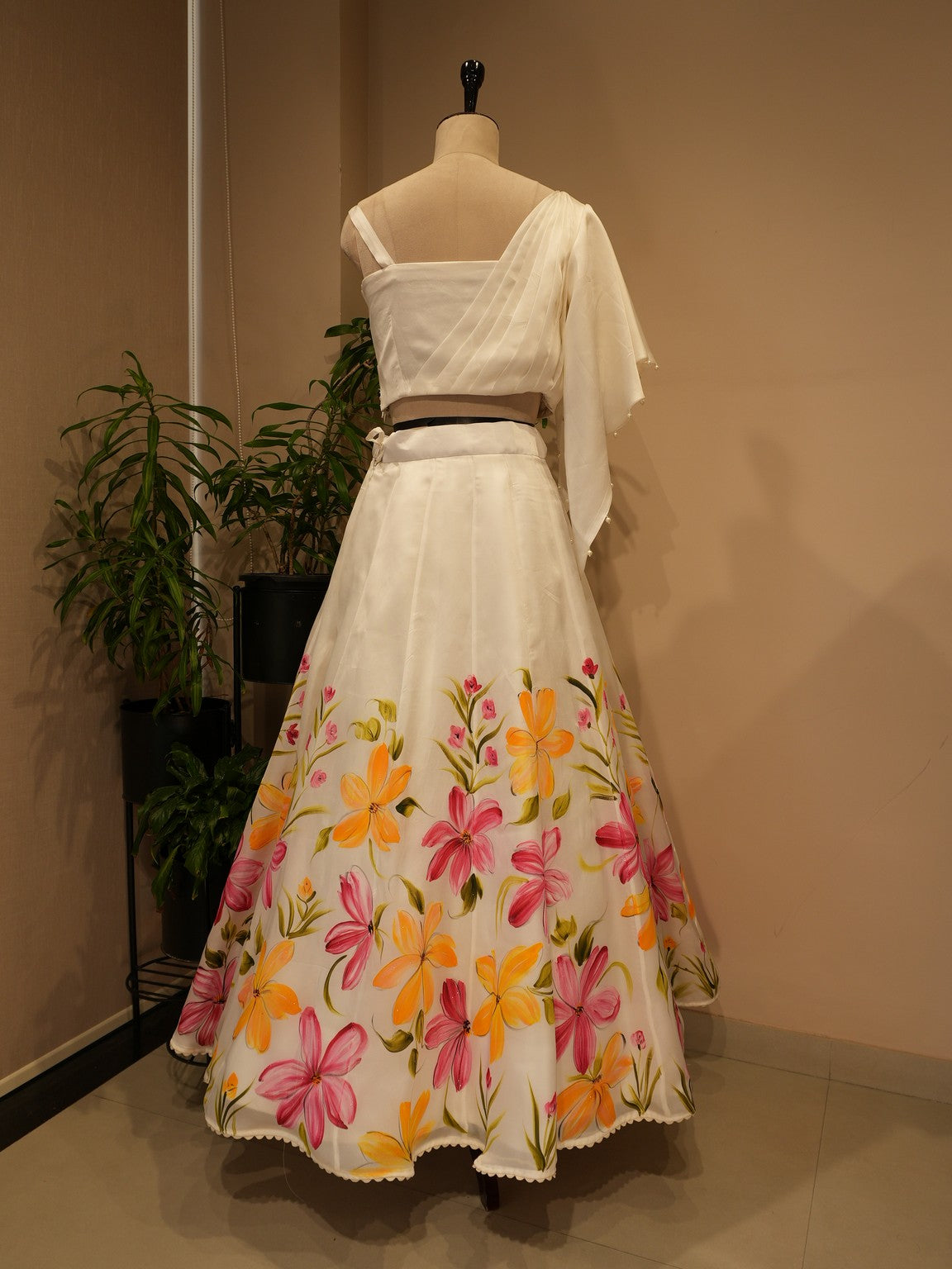 White hand painted crop top skirt