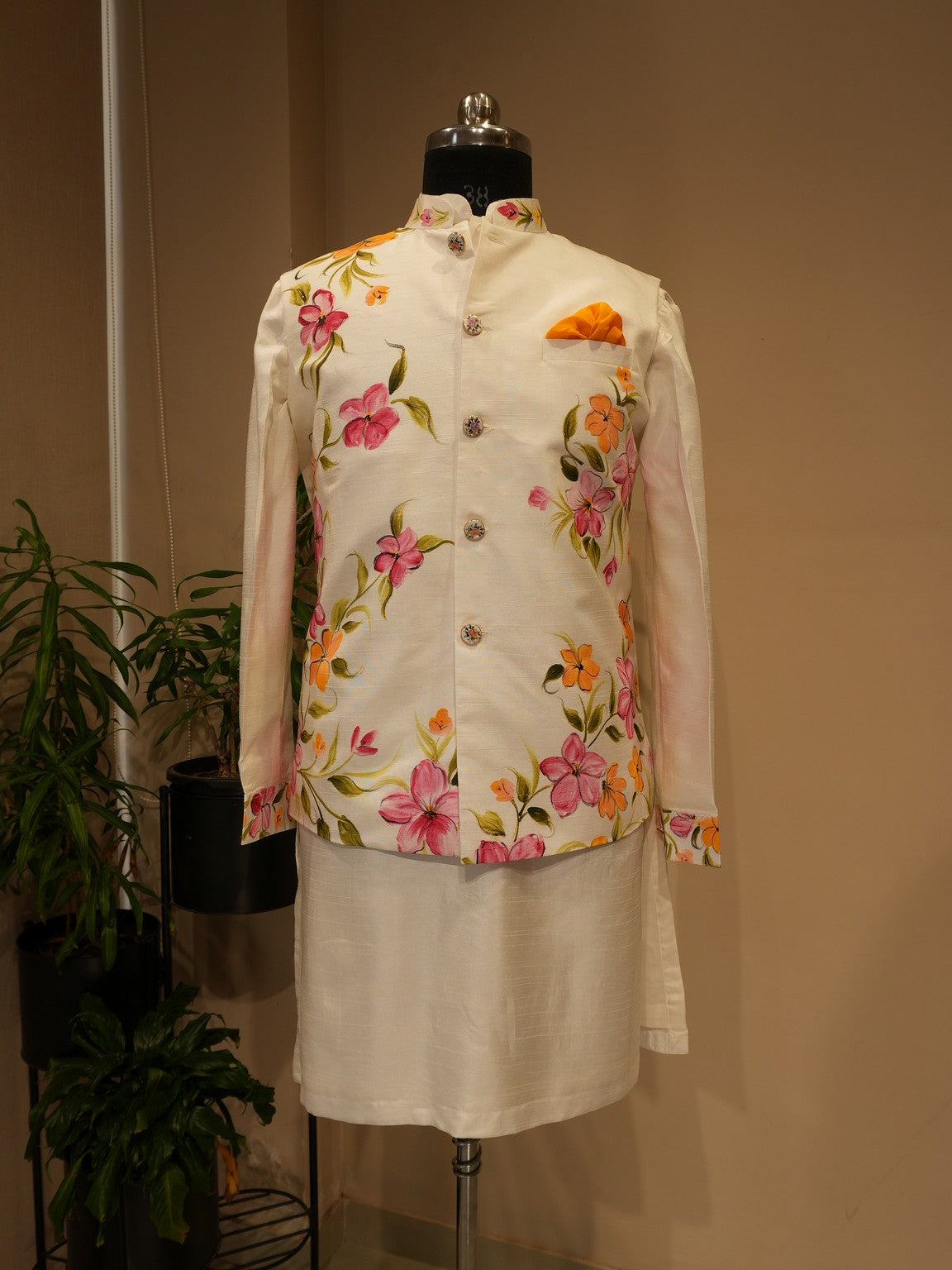 White mens hand painted koti kurta pants set