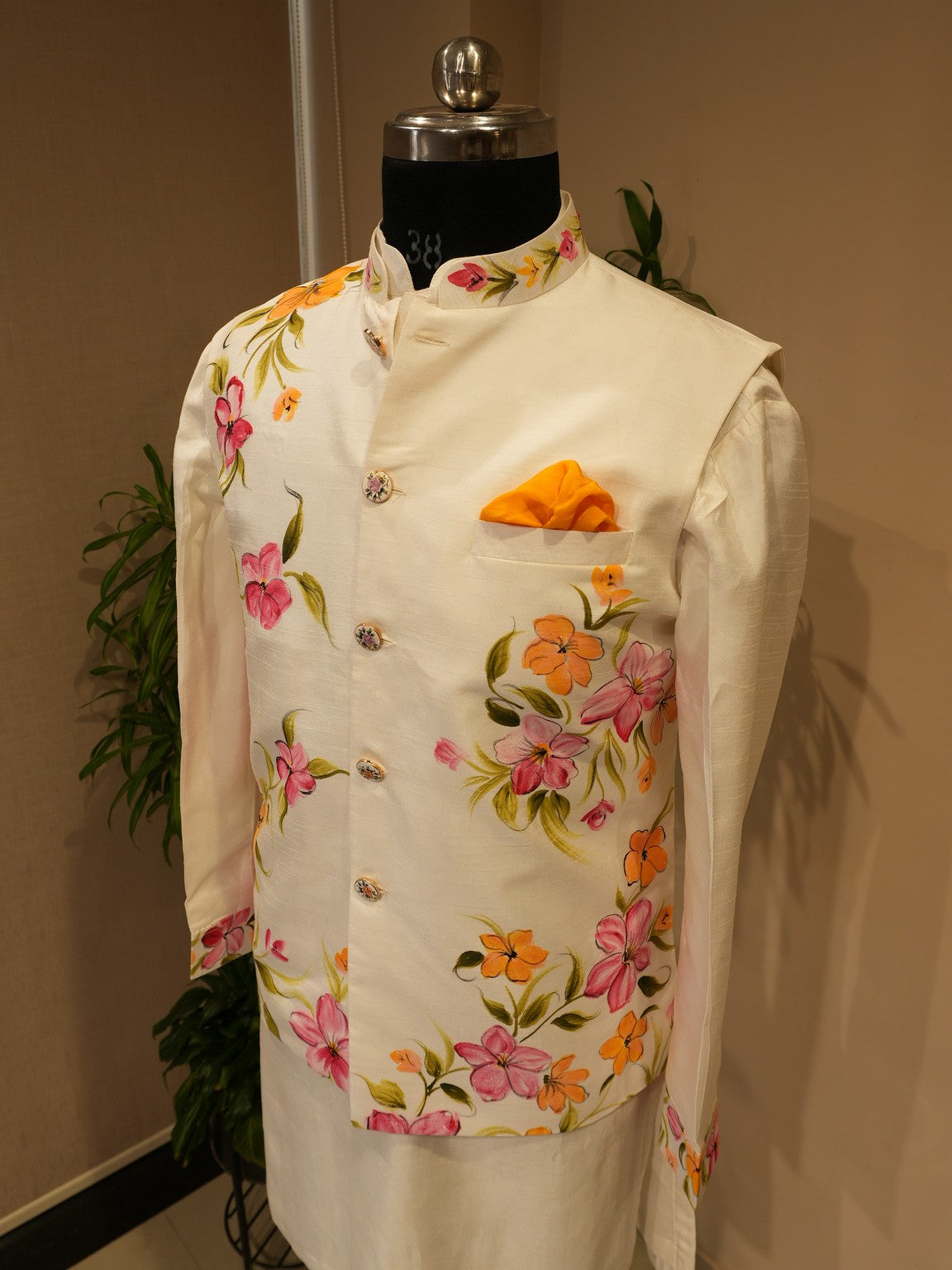 White mens hand painted koti kurta pants set