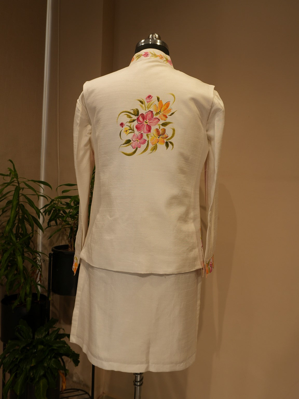 White mens hand painted koti kurta pants set