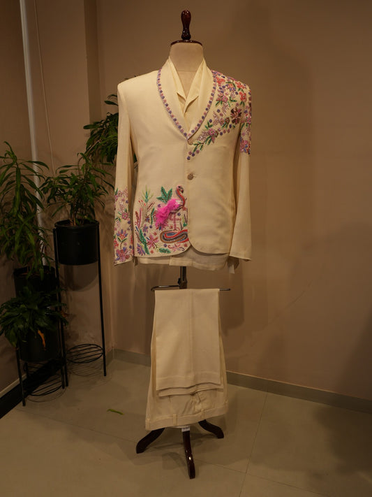 White embroidered tropical mens blazer with shirt pants