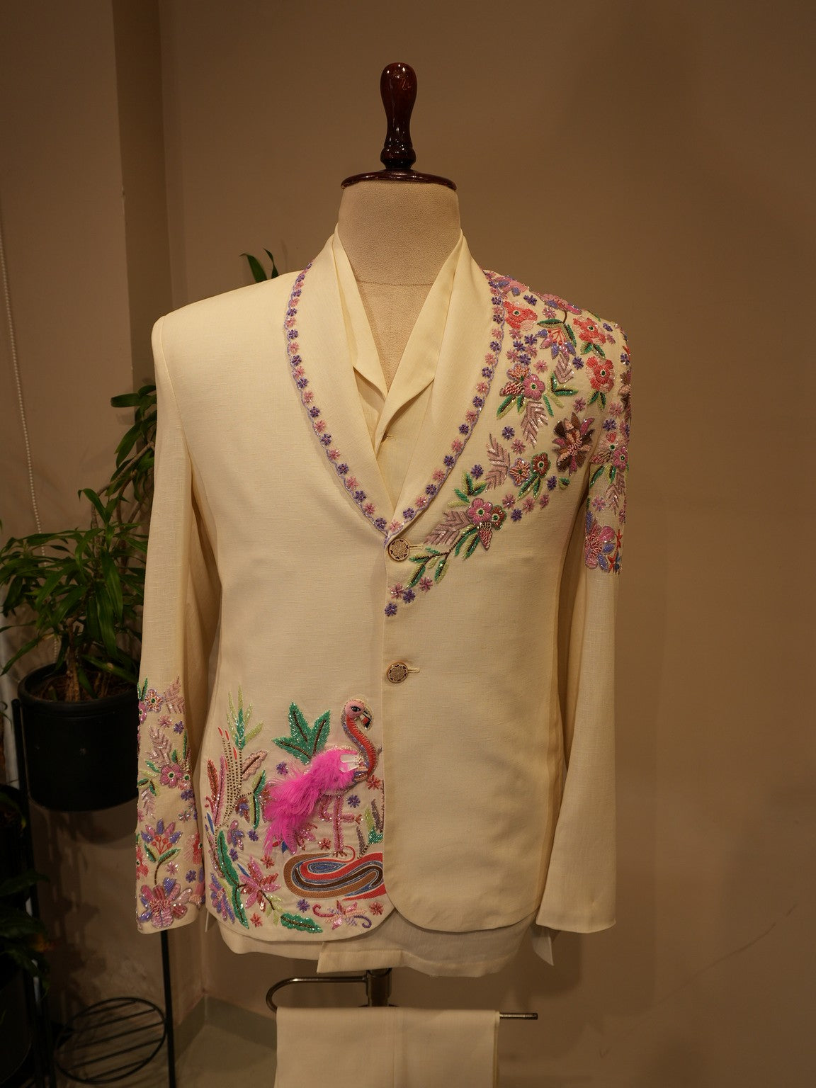 White embroidered tropical mens blazer with shirt pants