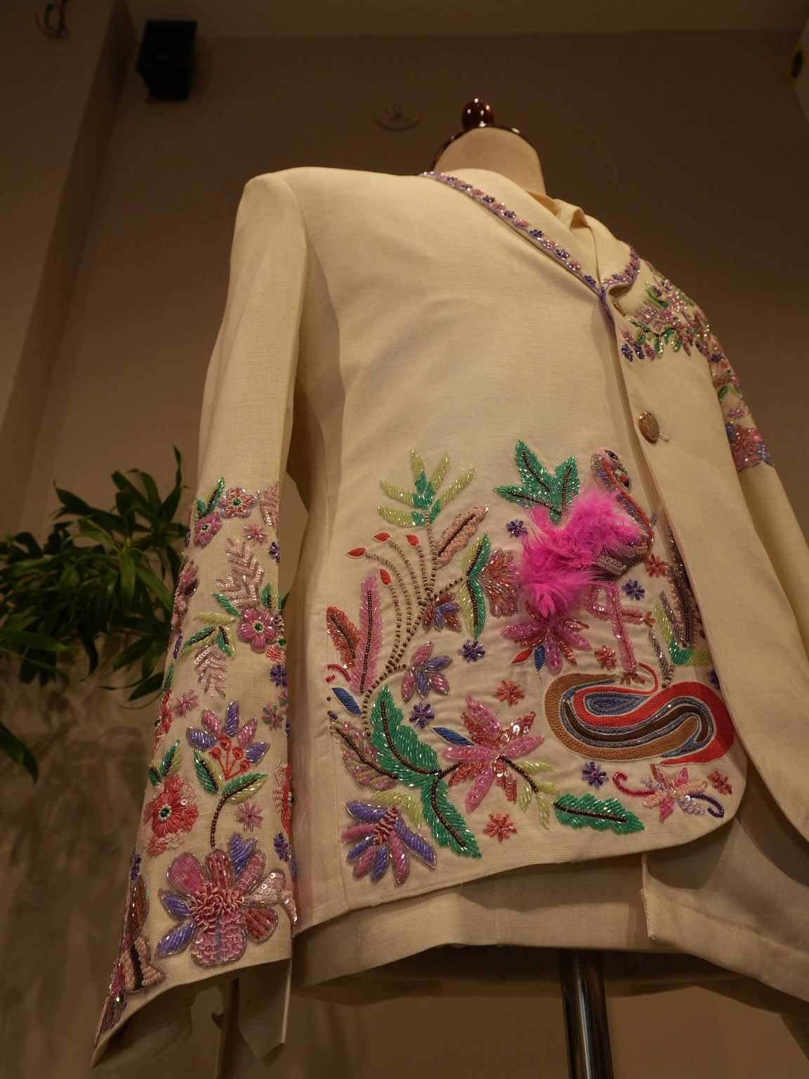 White embroidered tropical mens blazer with shirt pants