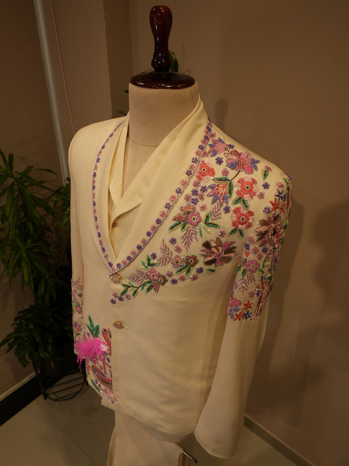 White embroidered tropical mens blazer with shirt pants