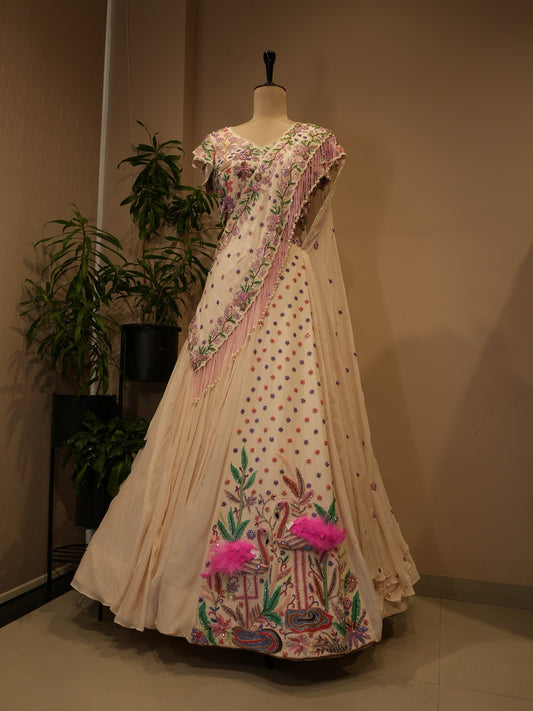 White topical embroidered lehenga set