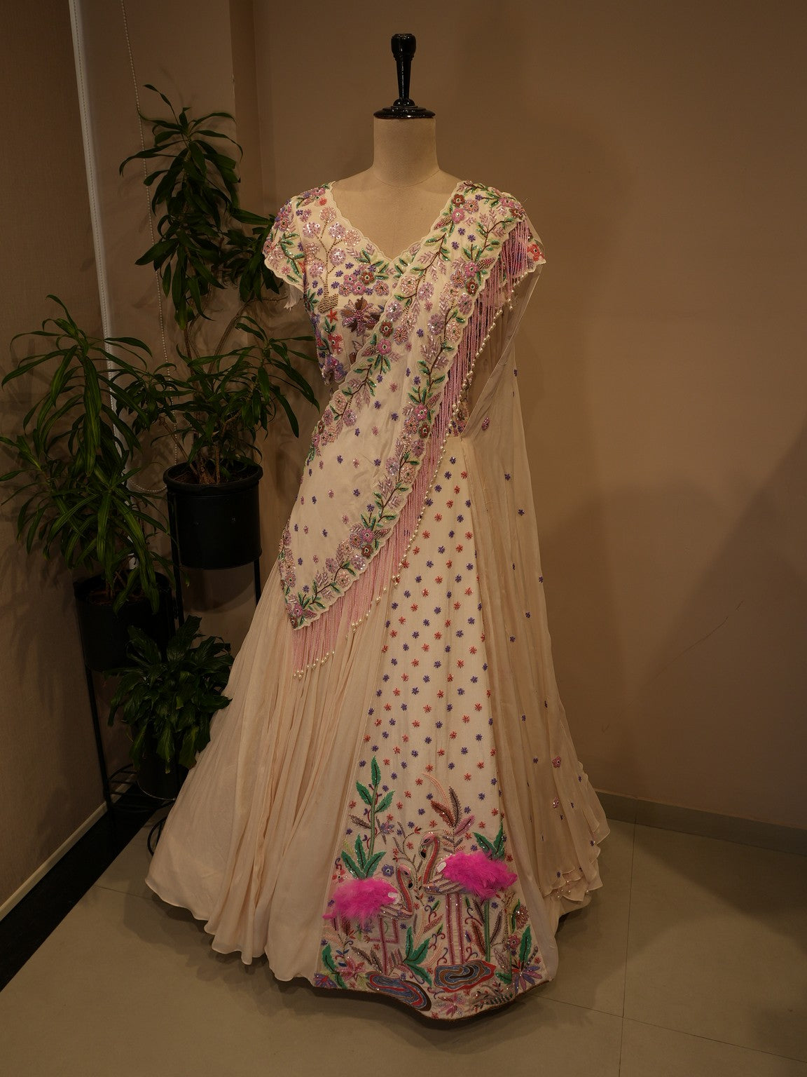 White topical embroidered lehenga set