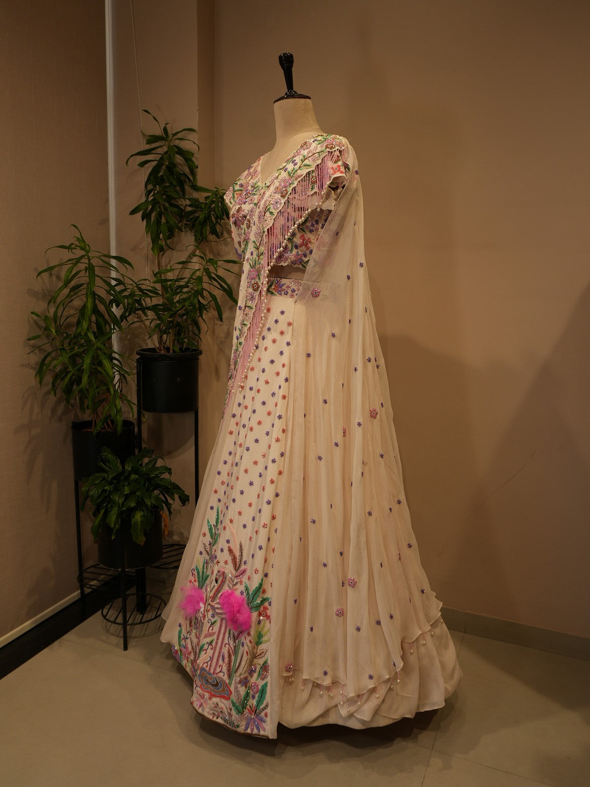 White topical embroidered lehenga set