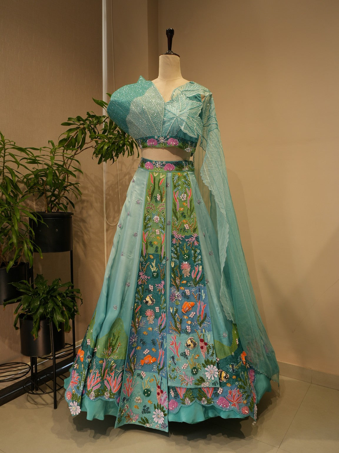 Sea green shaded aqua lehenga set