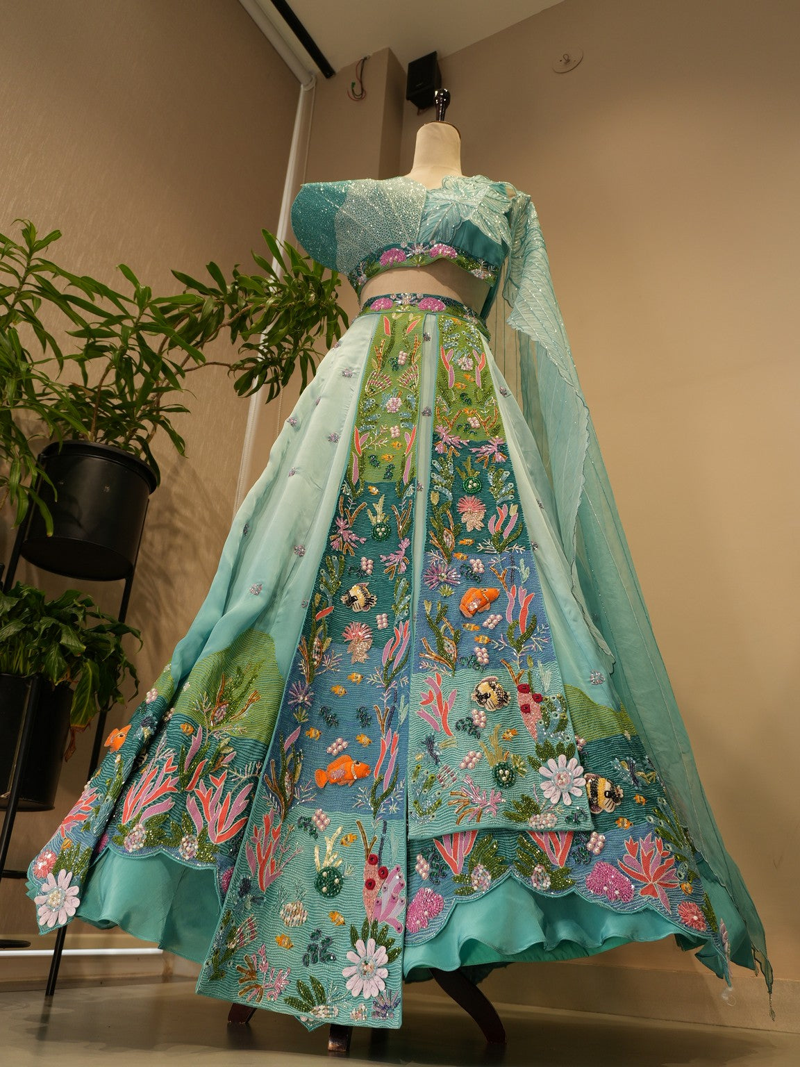 Sea green shaded aqua lehenga set