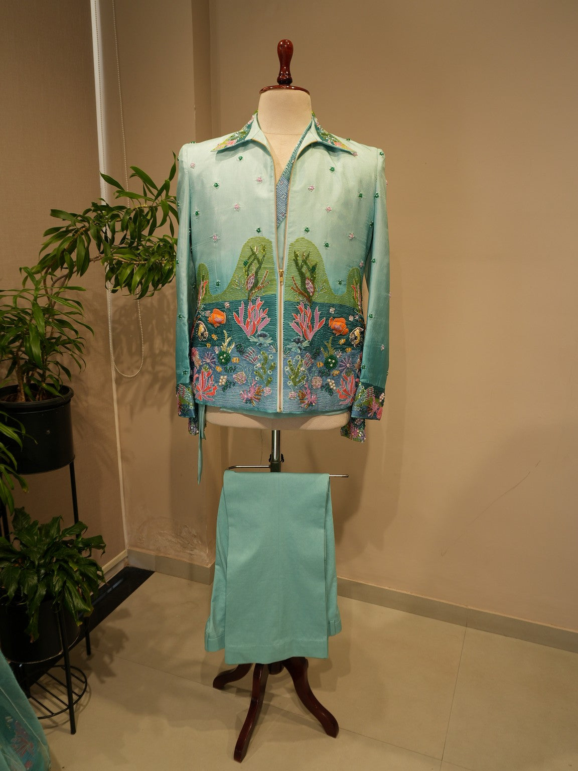 Sea green shaded aqua mensbomber jacket with shirt pants