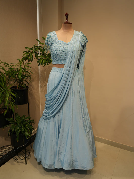 Powder blue drape lehenga set