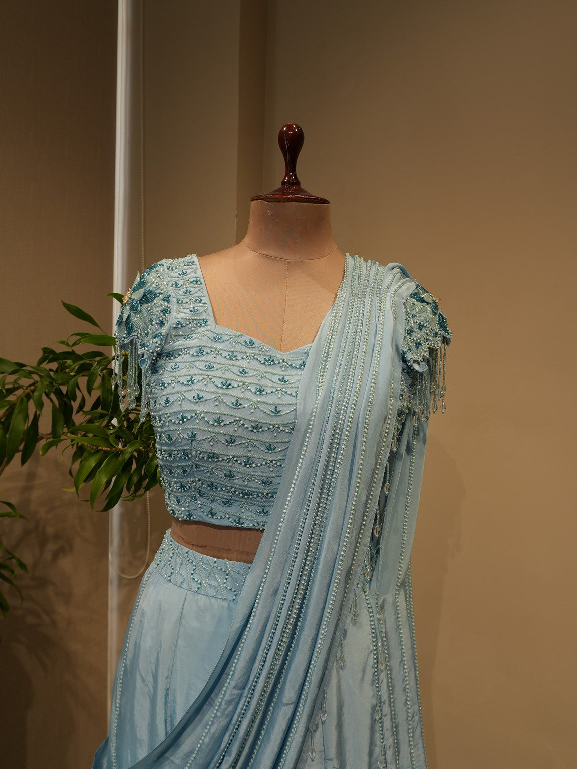 Powder blue drape lehenga set