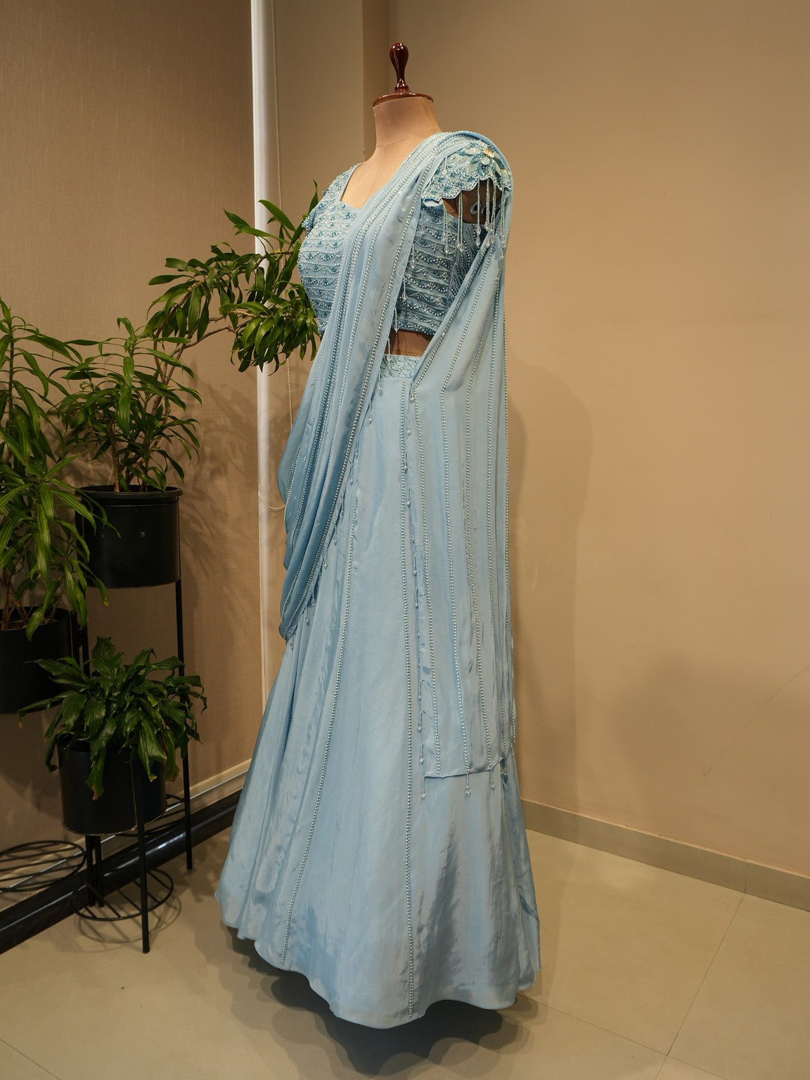 Powder blue drape lehenga set