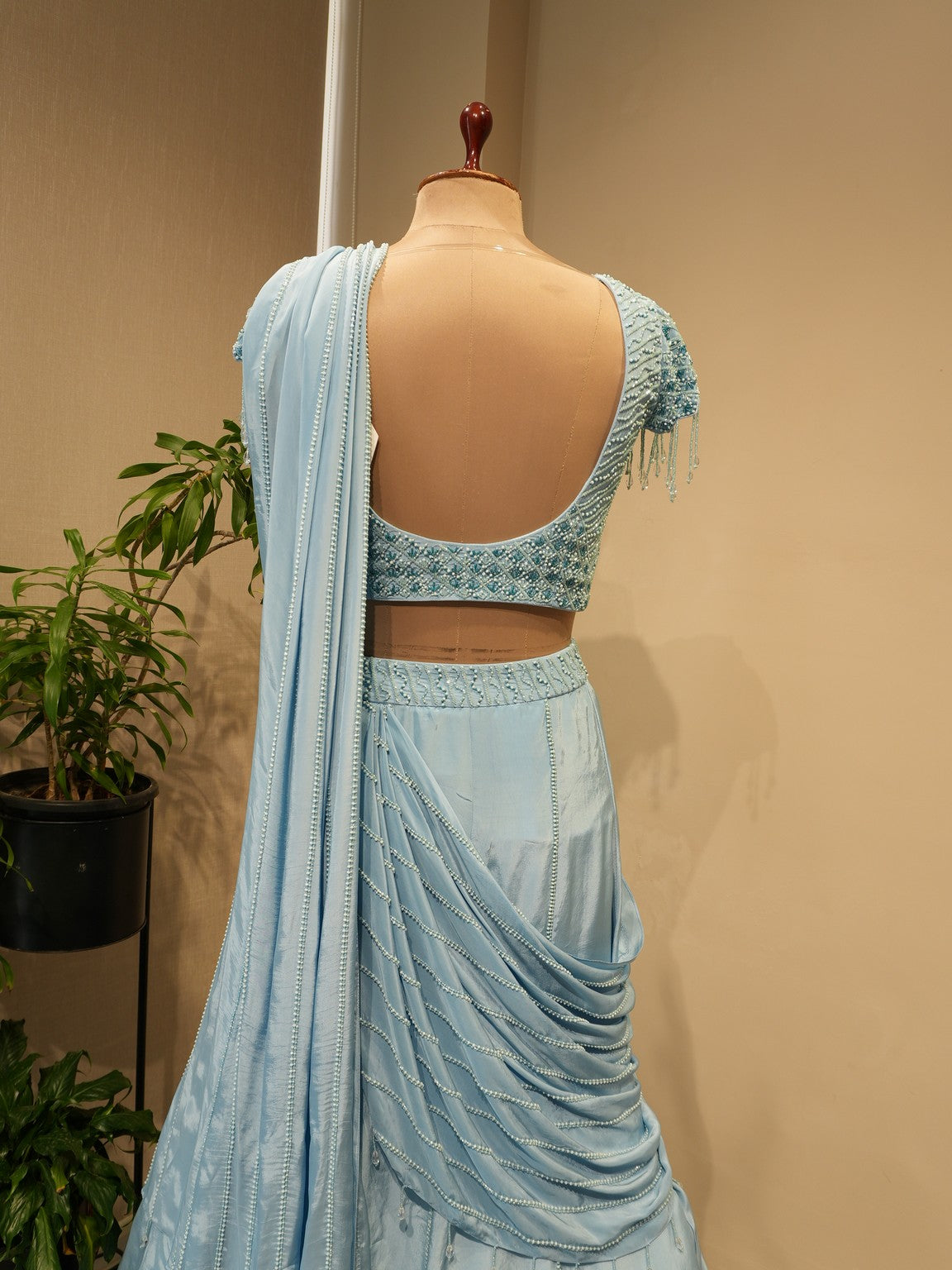 Powder blue drape lehenga set
