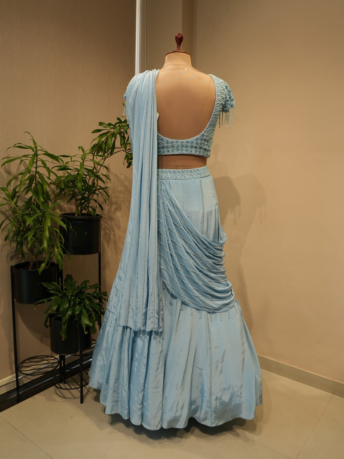 Powder blue drape lehenga set