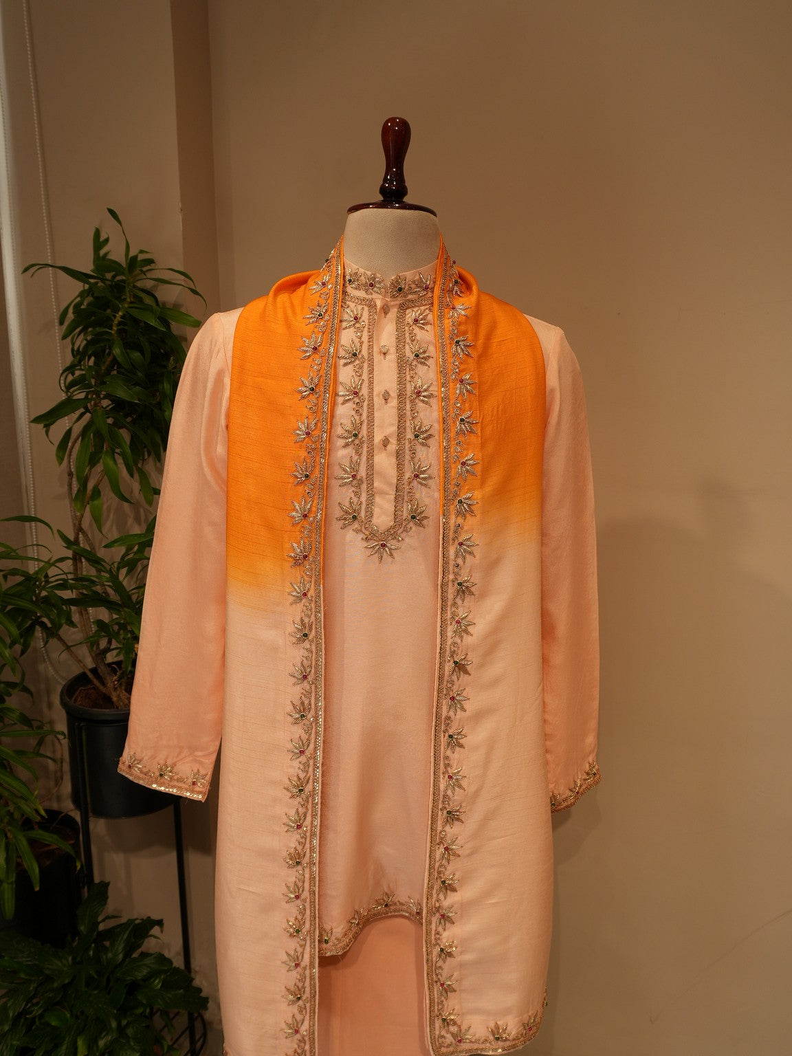 Rust orange shaded mens kurta pants with stole