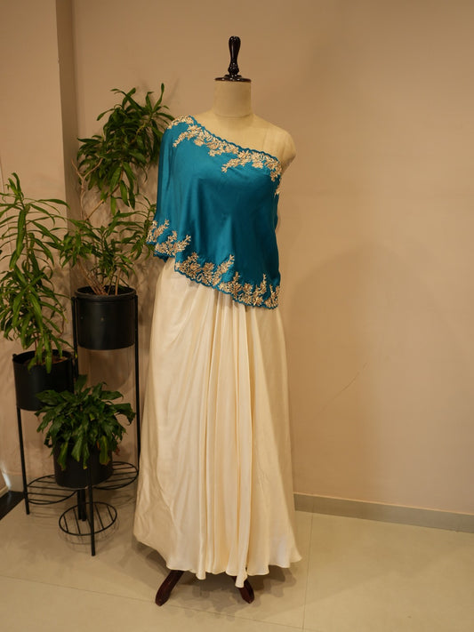 Turquoise blue cape top with drape skirt