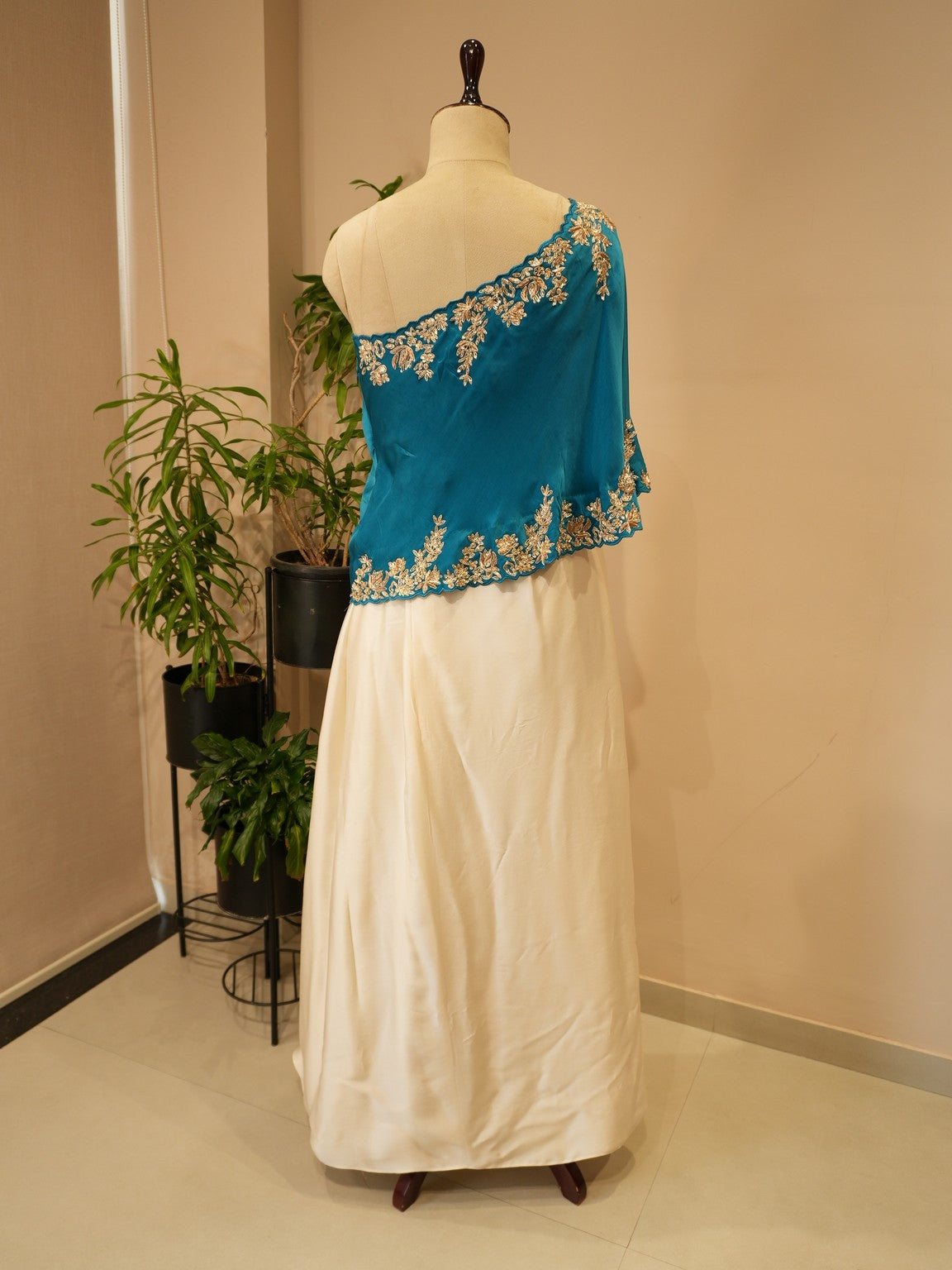 Turquoise blue cape top with drape skirt
