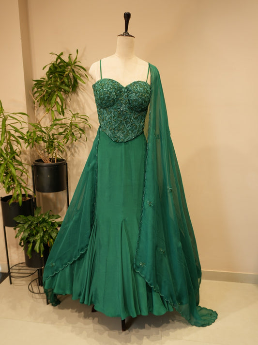 Bottle green croset with skirt and dupatta