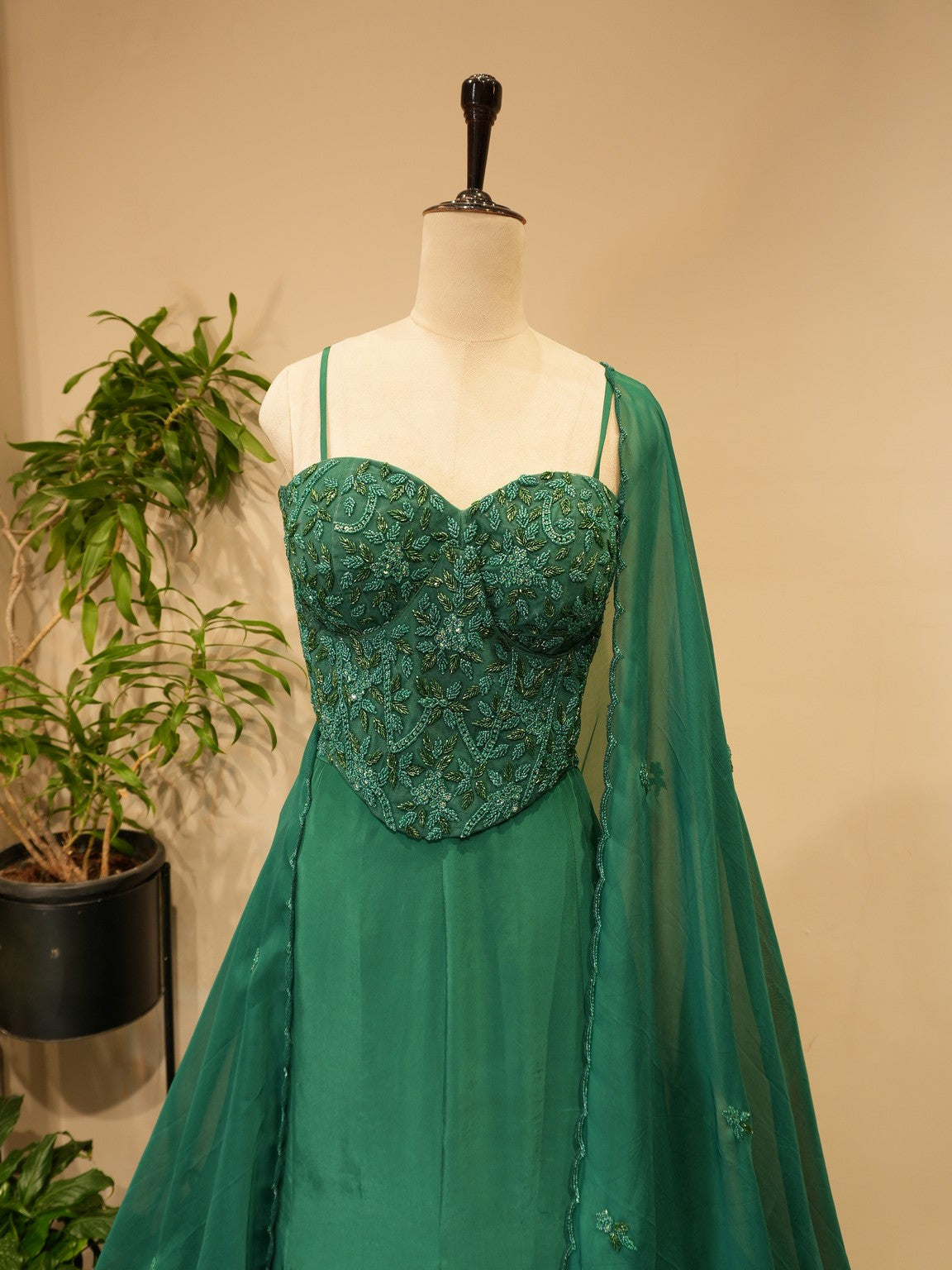 Bottle green croset with skirt and dupatta