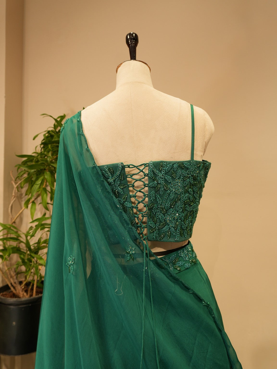 Bottle green croset with skirt and dupatta