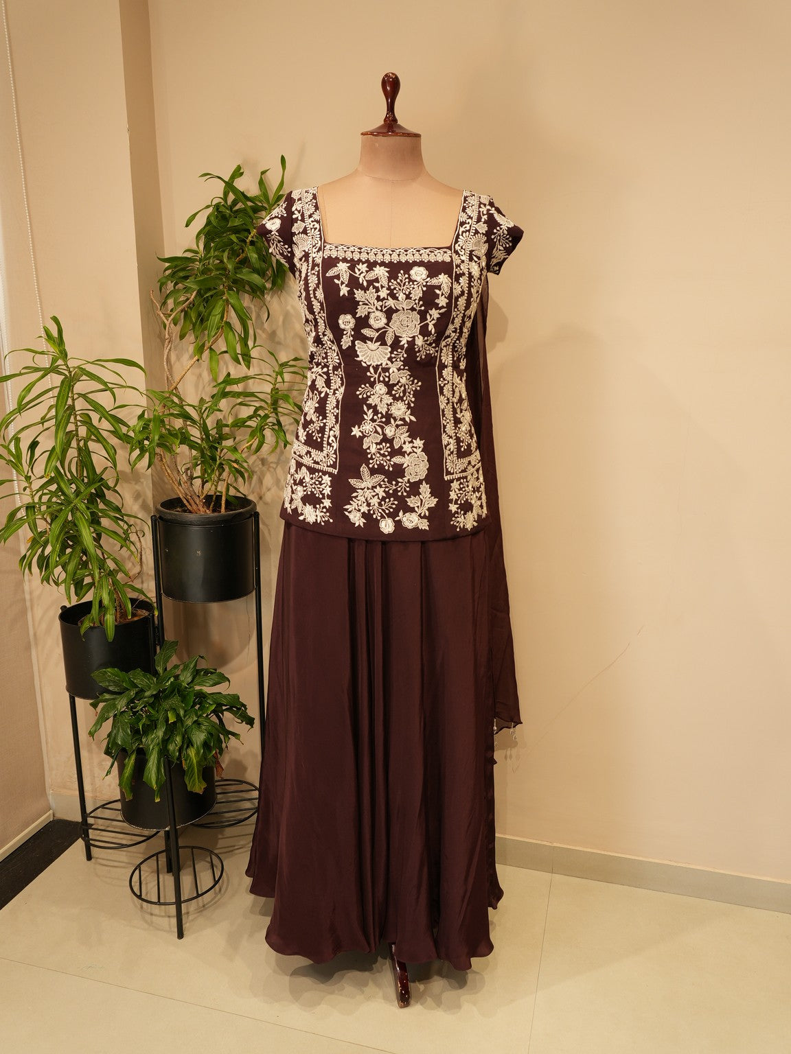 Deep brown top with plazo dupatta
