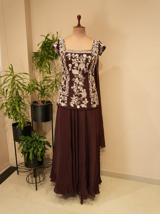 Deep brown top with plazo dupatta