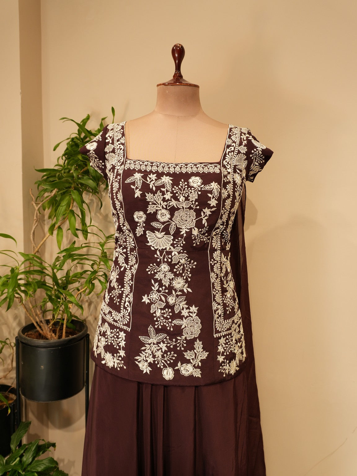 Deep brown top with plazo dupatta