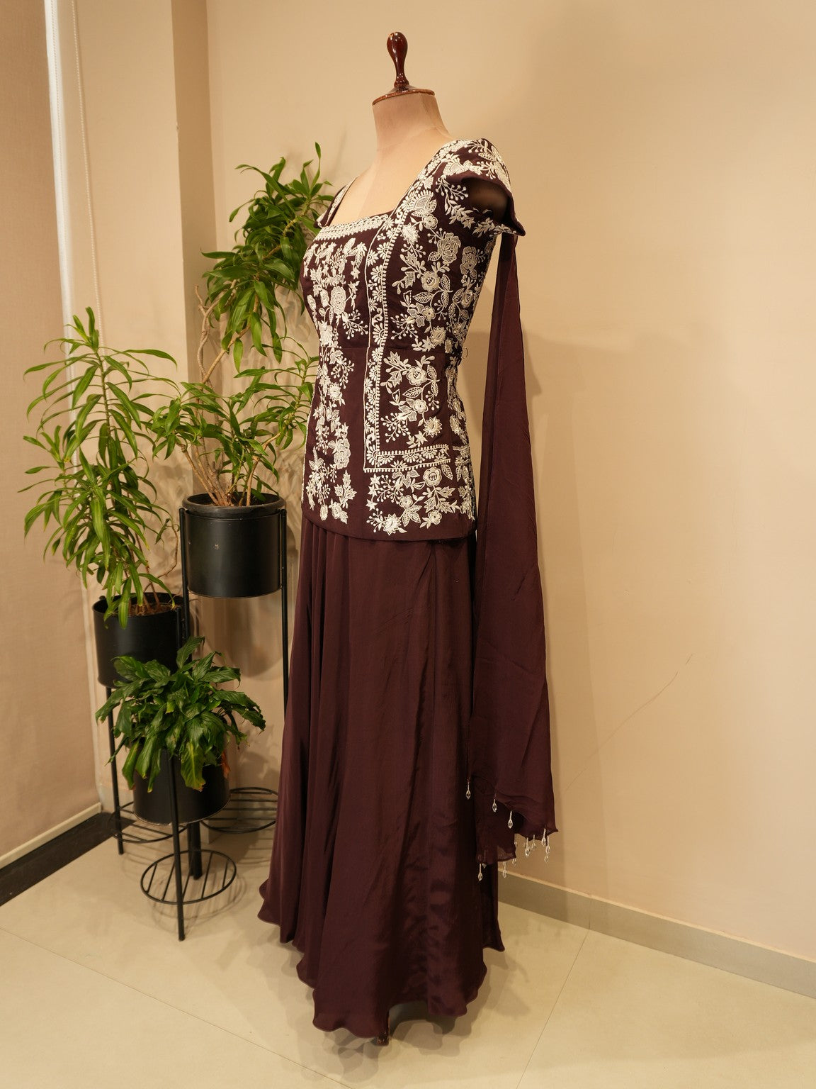 Deep brown top with plazo dupatta
