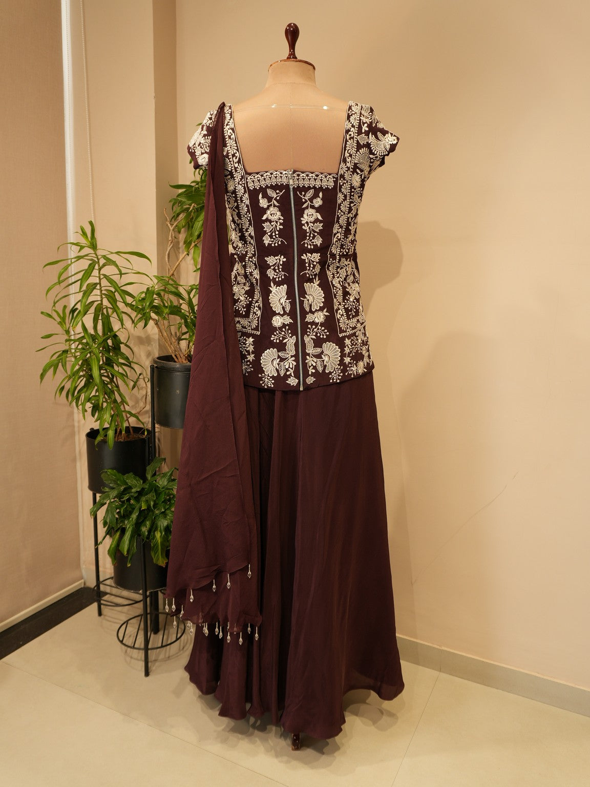 Deep brown top with plazo dupatta