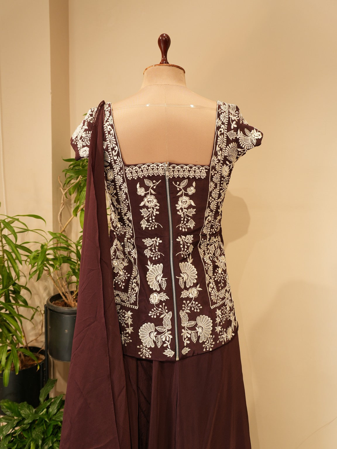 Deep brown top with plazo dupatta