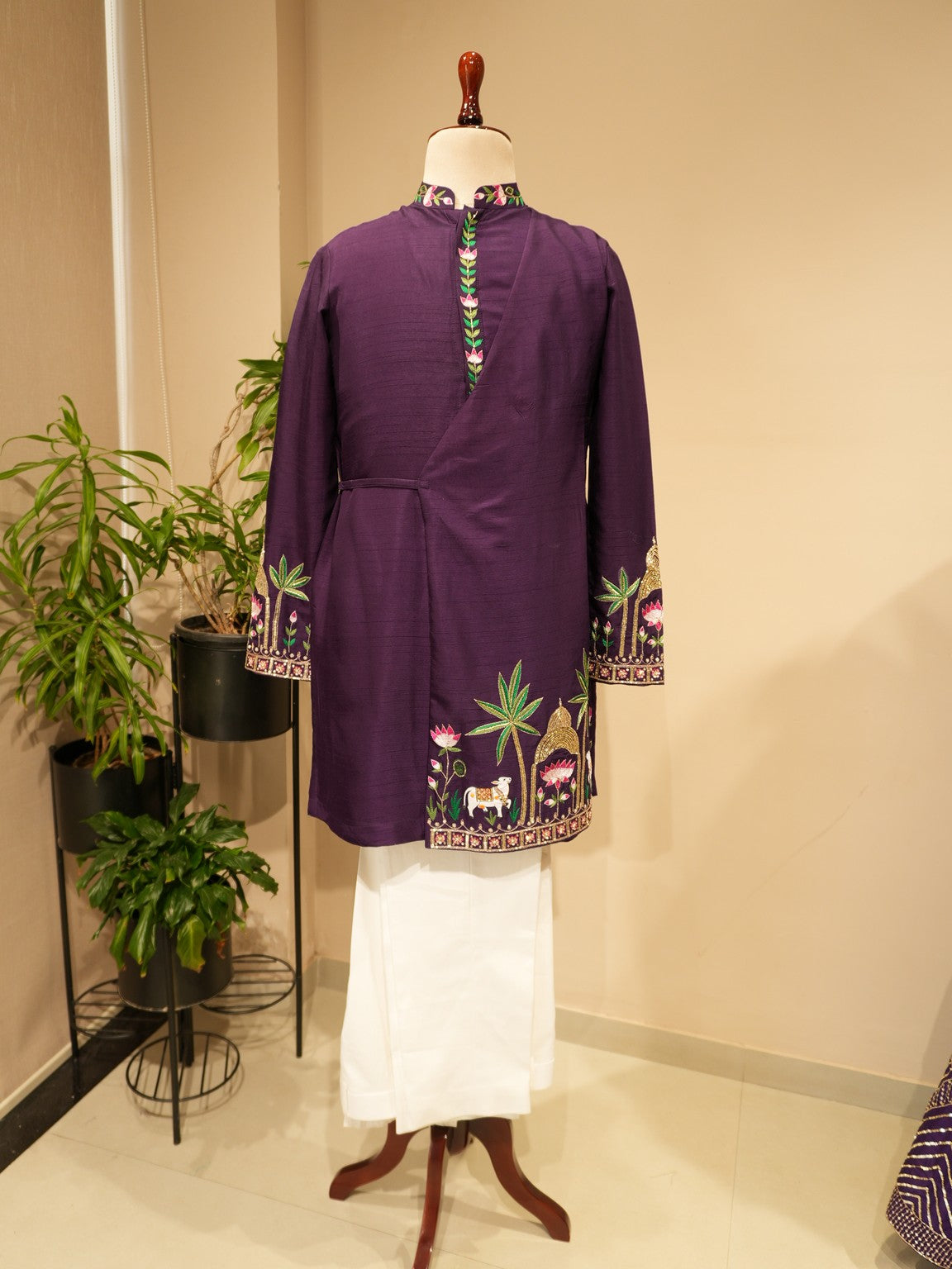 Deep purple emboridered mens angrakha kurta with pants