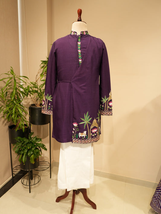 Deep purple emboridered mens angrakha kurta with pants