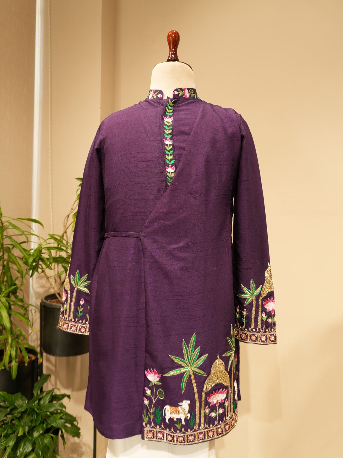 Deep purple emboridered mens angrakha kurta with pants