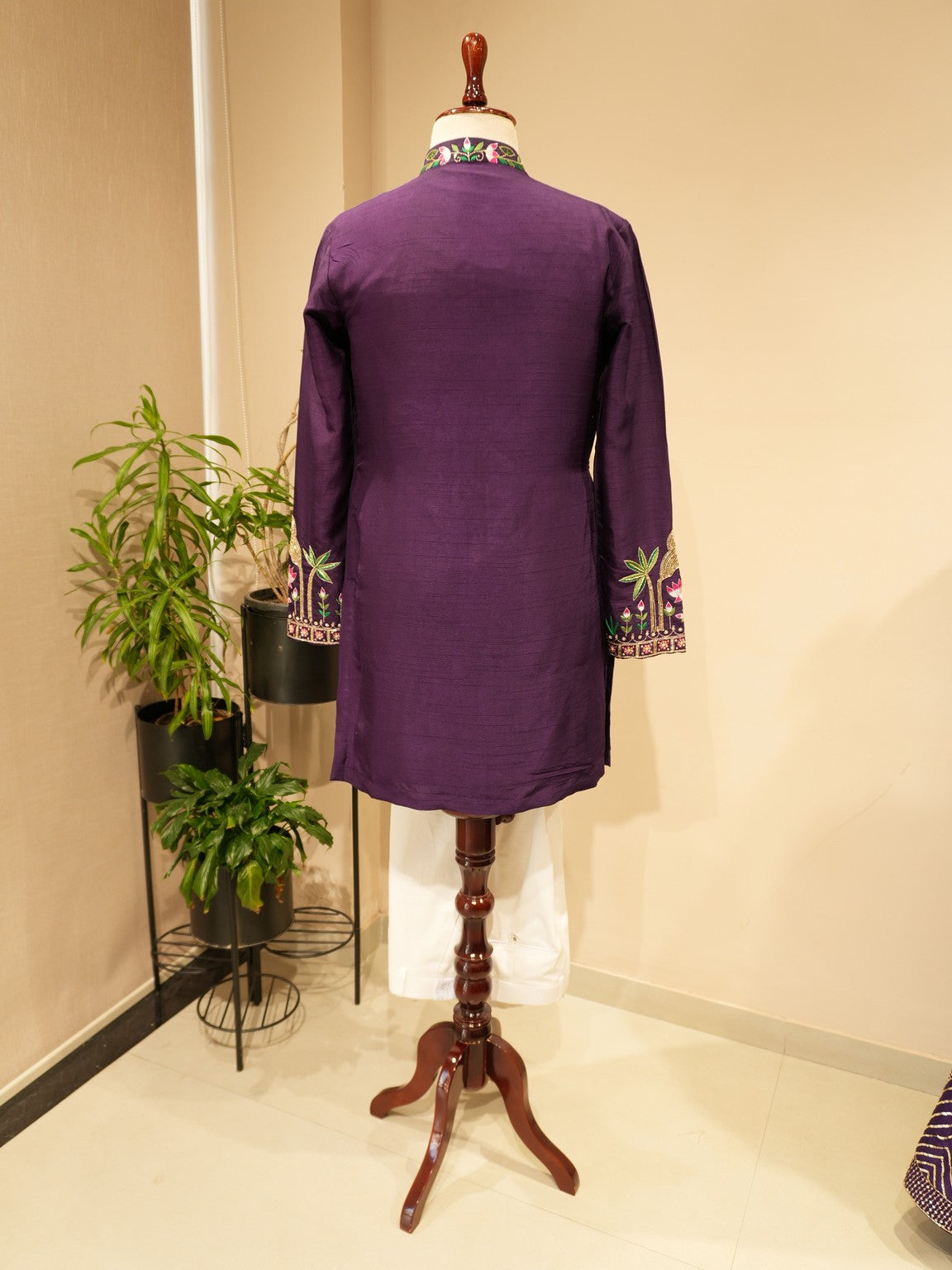 Deep purple emboridered mens angrakha kurta with pants