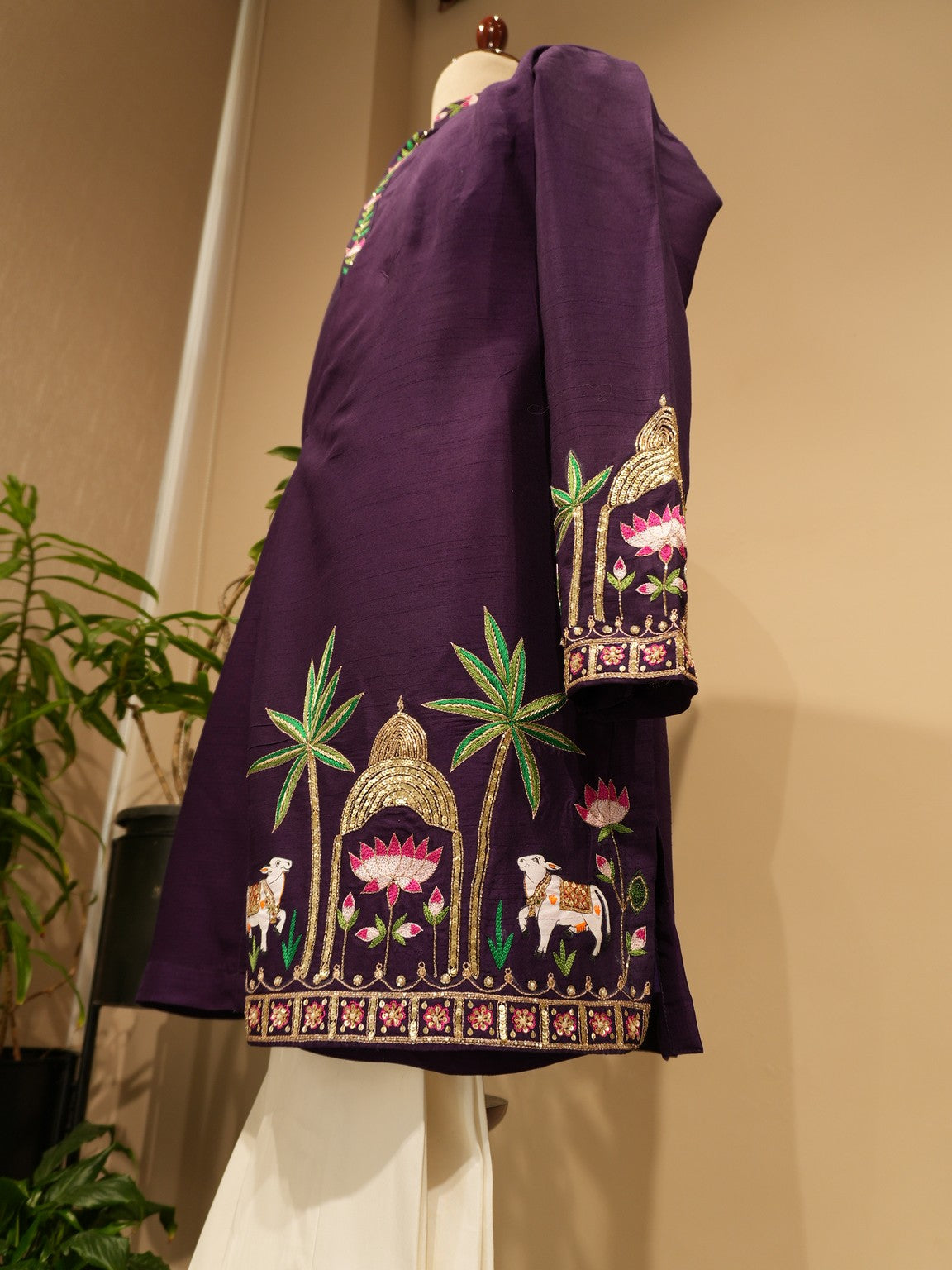 Deep purple emboridered mens angrakha kurta with pants