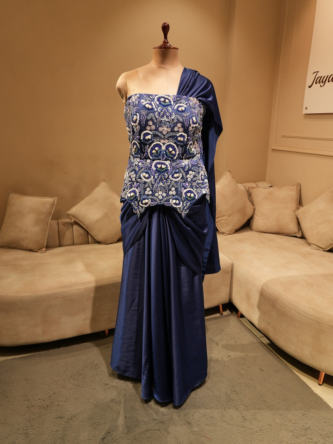 Royal blue embroidered corset with drape skirt