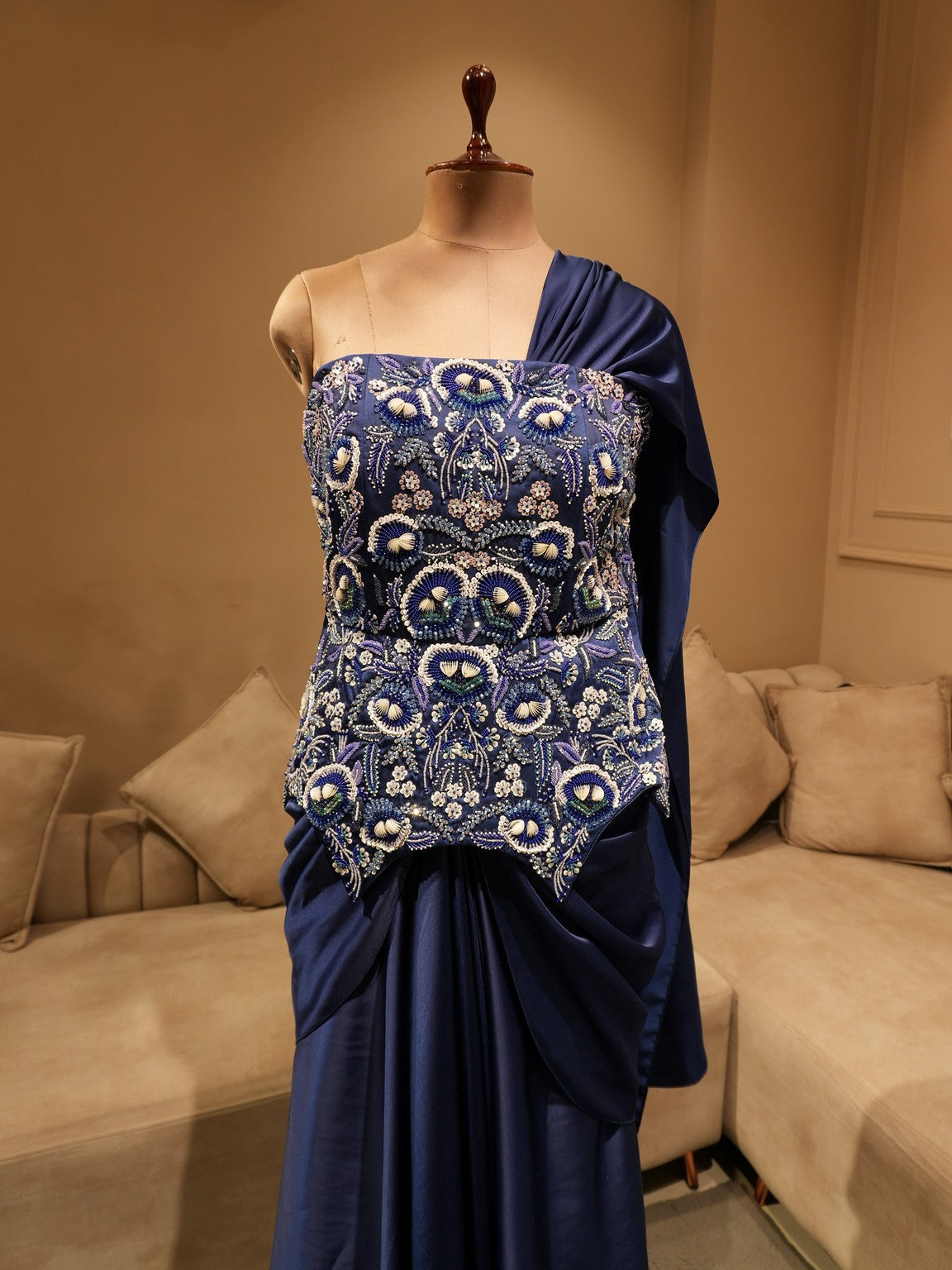Royal blue embroidered corset with drape skirt